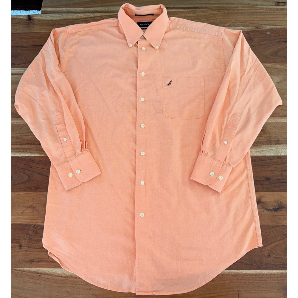 Nautica Vintage Oxford Shirt Mens 16 32/33 Peach Orange Cotton Button Down L/S